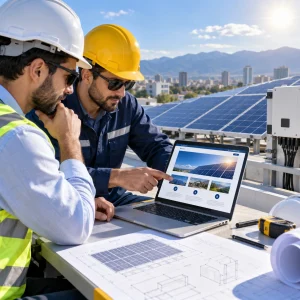 مهندسان مرد در حال بررسی پروژه نیروگاه خورشیدی و سایت شرکت